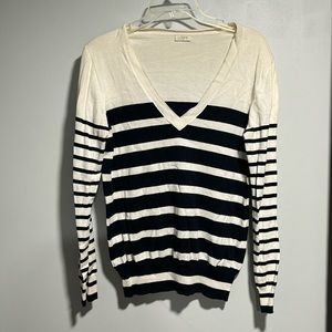 Navy and cream striped v neck sweater